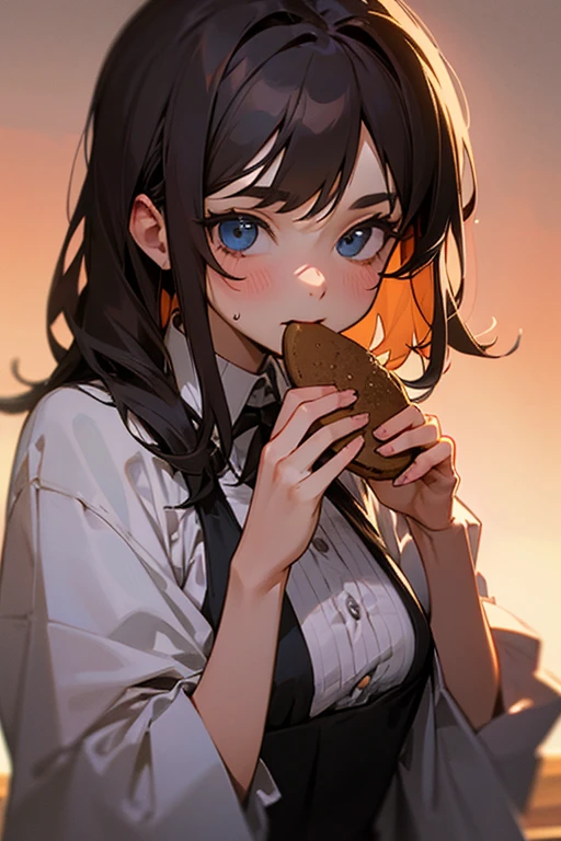 (((1 girl)))noon、((school rooftop))、high school girl、sailor suit、black tights、sitting、((eat a small piece of bread))、sober、low length、((((long bangs hide the eyes:1.5))))、((freckles))、(((long black hair:1.4))) ((hair band))(((black rim glasses:1.2 black eye)))、Spring sunshine、Directional light、bevel、looking here、、Upper body、