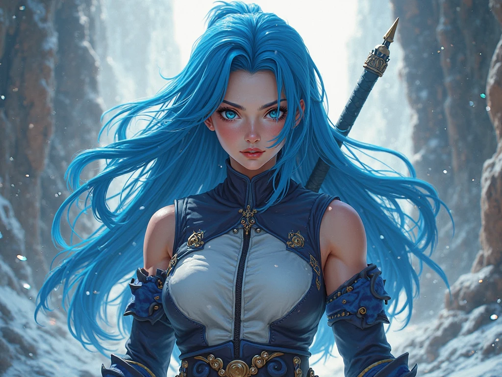 8k、alone、16 year old water goddess,Super beautiful(like the real thing),blue eyes,Super beautiful,beautiful blue hair,blue makeup,blue rouge,Luxurious white and blue long dress with big breasts,sexy.golden decoration,,Remains,amazing work of art、wind effect:1.9、cloud effect:1.2、full rendering、unreal engine,ultra high resolution,super realistic skin,Super precise hand details,fantasy art,battle scene,action scene,action pose,fighting style,Photorealistic RAW photos of the highest quality。Backlight, cinematic lighting, film grain, to be born, 50mm lens, Nikon D850,realistic skin,fantasy art,character art,ultra high resolution,Macho with a muscular slender body,Precise facial details,fighting pose,dynamic pose,grim expression,Improve the quality of facial expressions,perspective from above,accurate human body structure,perfect hands,