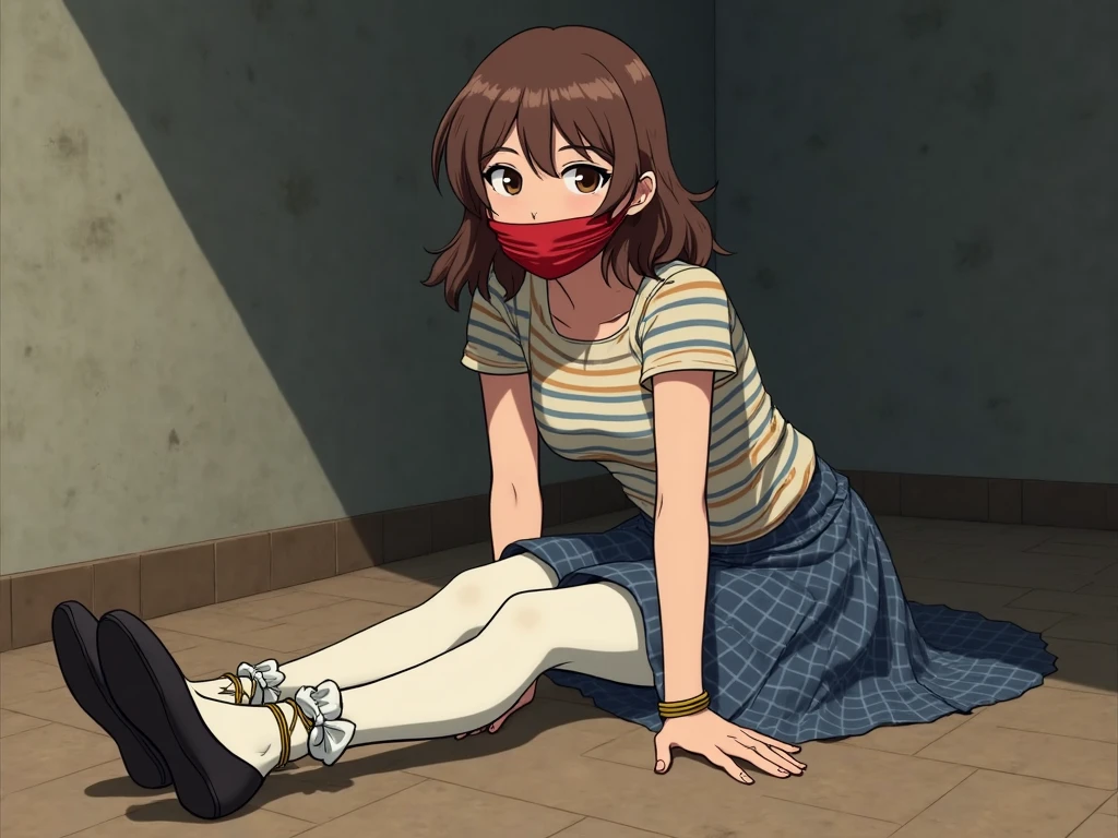 masterpiece, best quality, high definition, 1girl, solo, one, superhero, ((shirt, red shirt, black tie, red shirt with black tie)), stockings, brown hair, long hair, brown eyes, hair headband, medium hair, ribbon, shoes, matching shoes, medium chest, sitting, crying, tears, tears, screaming, sad,in the room, Haruhi Suzumiya, Kyoani Haruhi style, autumn, winter, cloudy, very detailed face, gagged, tape gag, tape on the mouth, bound, bondage, tied, tied up, tied wrists, tied ankles, , captured, held for ramson