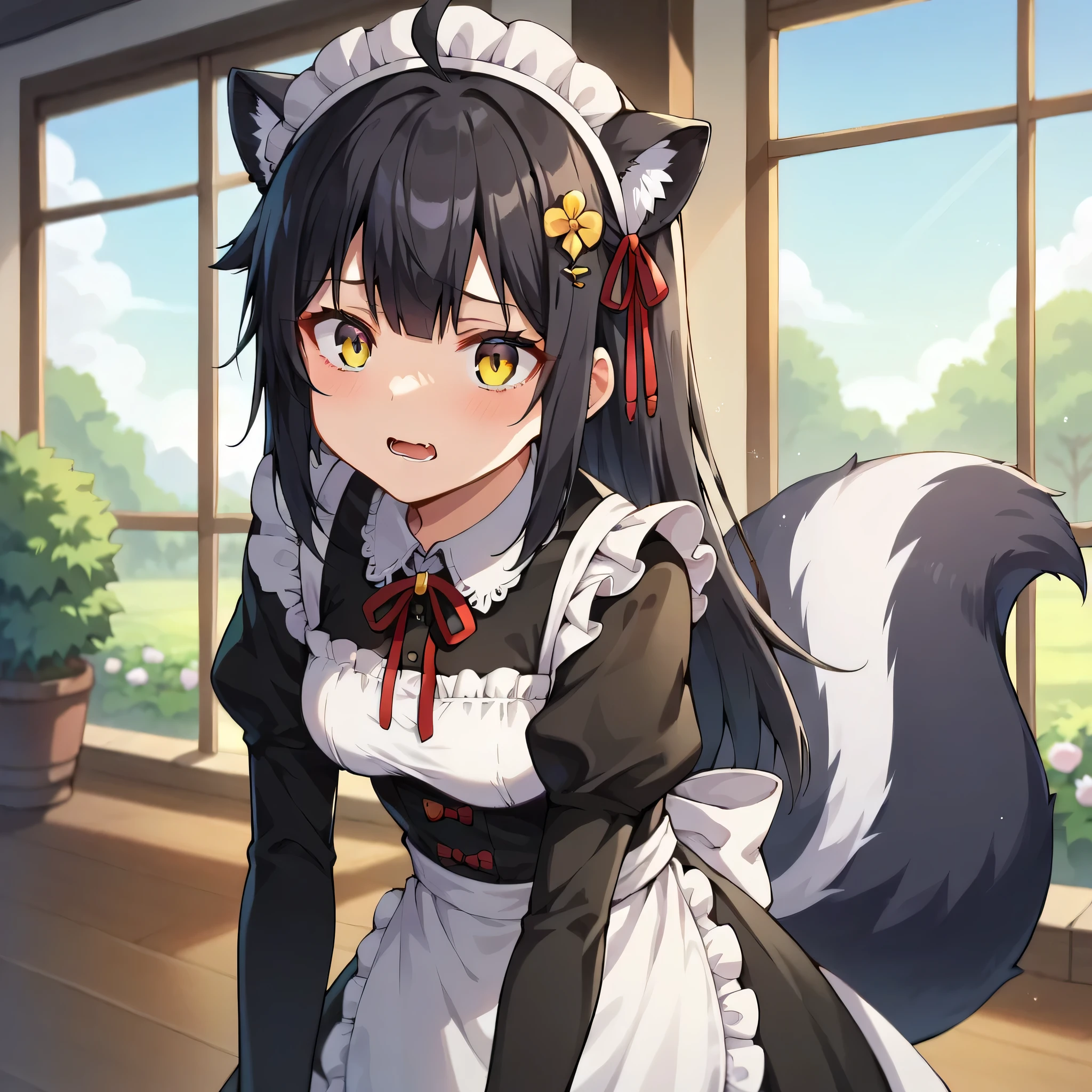 3girls, solo, masterpiece, anime, indoors,manor with garden, maid clothes,half black hair, long hair,clothespins on hair, skunk tail clothespins hair, fox ears down, skunk tail, ahoge, hair flaps, mischievous smile, green yellow eyes, 1 girl, maid and punishment outfit, , 1 girl, wilting flowers around