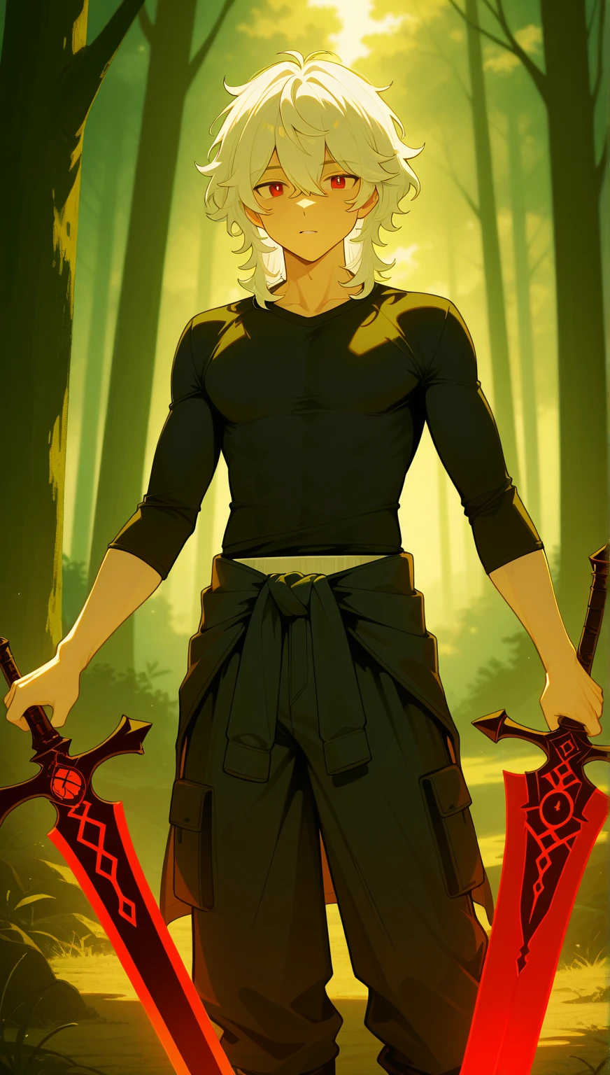 menino, Male cartoon character, male face, foco solo , long waist band, Wide black cargo pants, Estrutura do male body, Boy's clothes, , , male body, a white band around the waist, short silver hair, unkempt hair, medium hair, male wavy hair, Masculino, perfect face, perfect face, magro, sozinho, black men's clothing , long sleeve plain t-shirt, Bicolo's Red Eyes, , perfect eyes, men's clothing , forest scenery, tilting her head, armor holding katana, wielding sword, left arm , Huge giant dark katana in your very high hand, using dark katana magic., Cute facial expression .