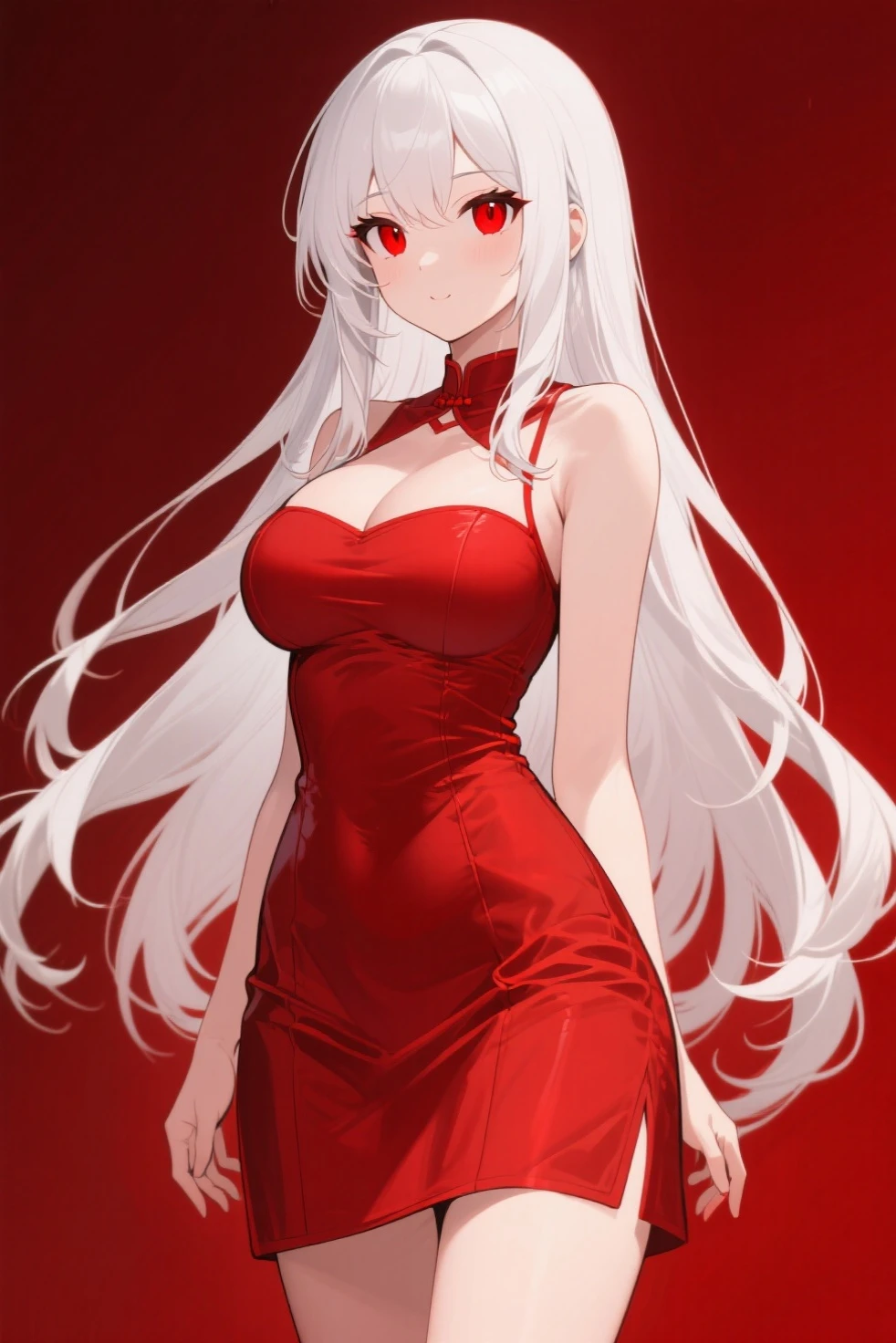 Beautiful girl with long light gray hair, red eyes, red lips, in a divine red-crimson robe, stands