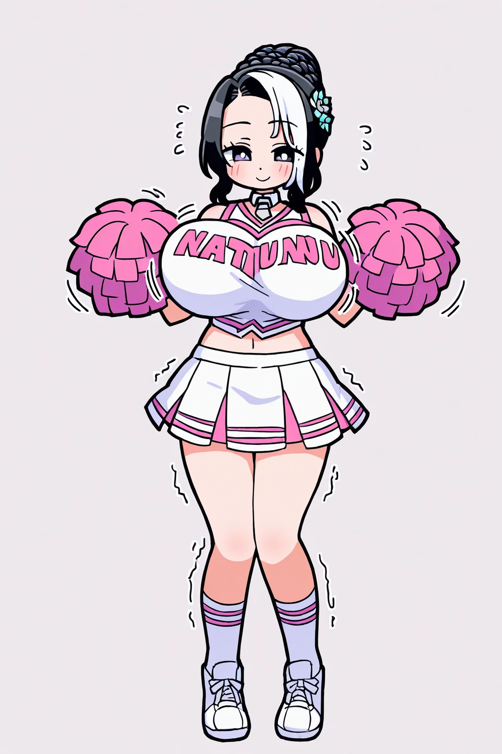 maternal smile, blushing, Pompones, uniform, crop top, midriff skirt, miniskirt, crop top overhang, clothes lift, large, sweat, thick thighs, (huge chest 1.5), cheerleader uniform, wet clothes, semi-transparent clothing, erect nipple under clothes, high ponytail, visible underwear, micro thong, (high thong), (standing on one leg), masterpiece, best quality, Very detailed