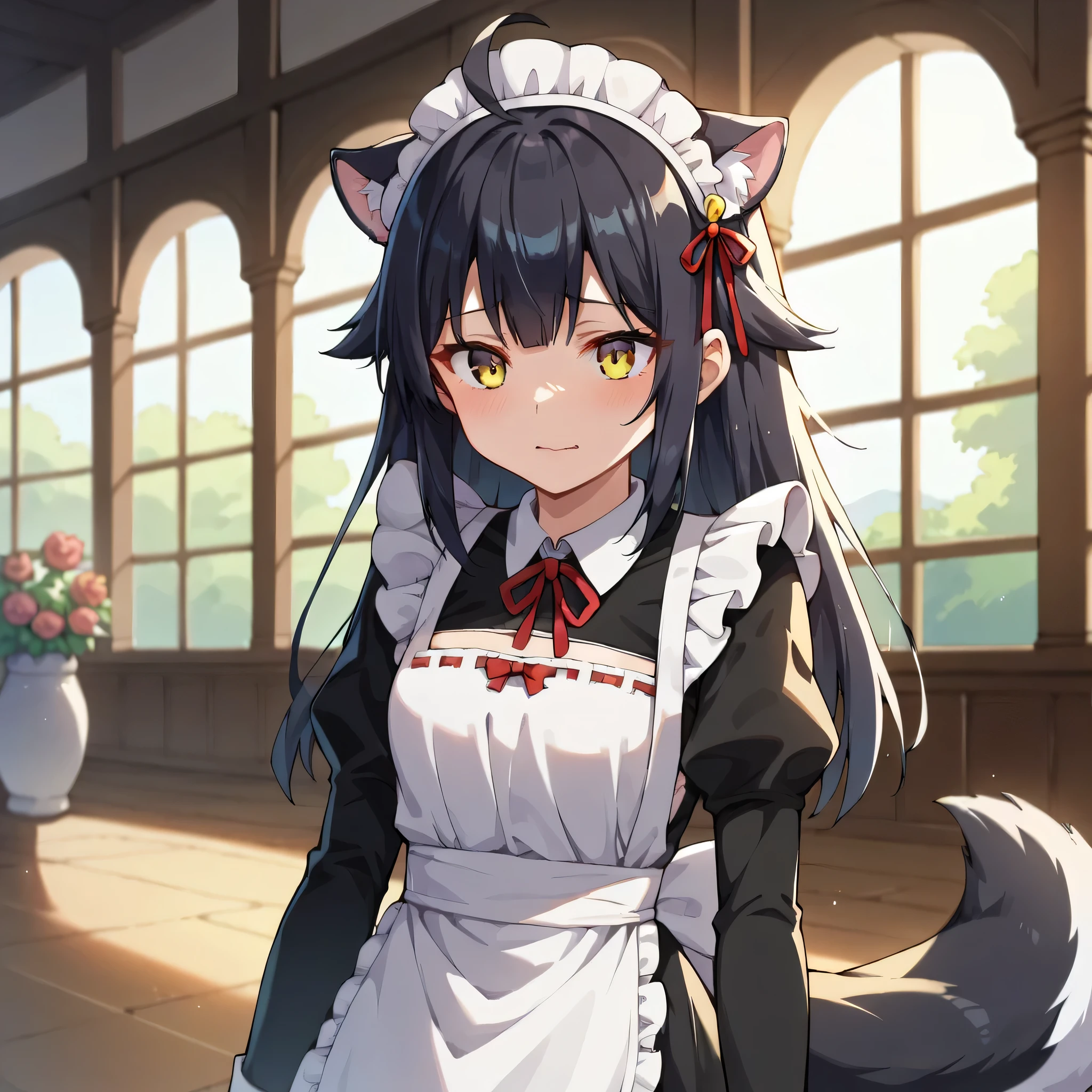 3girls, solo, masterpiece, anime, indoors,manor with garden, maid clothes,half black hair, long hair,clothespins on hair, skunk tail clothespins hair, fox ears down, skunk tail, ahoge, hair flaps, mischievous smile, green yellow eyes, 1 girl, maid and punishment outfit, , 1 girl, wilting flowers around