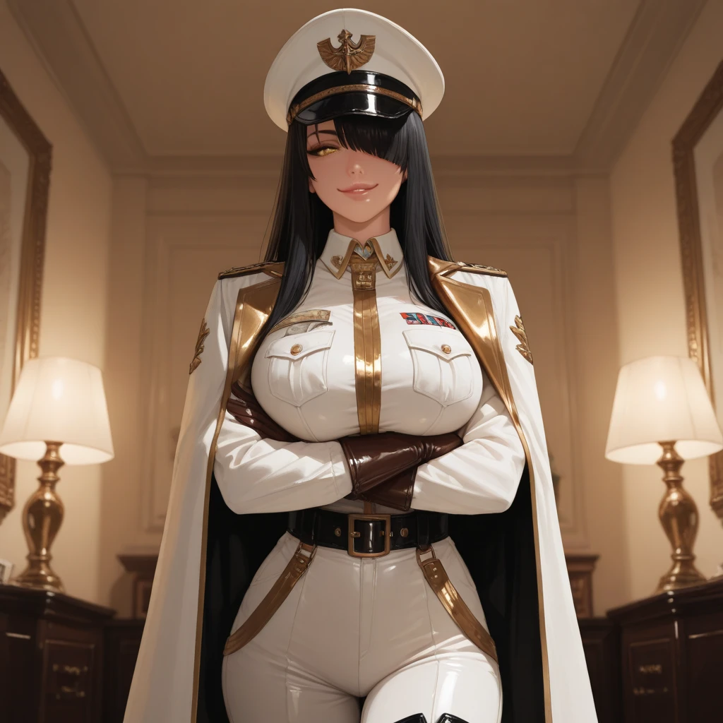 (masterpiece), best quality, expressive eyes, perfect face, front lighting, (outside at sea onboard a Marine Battleship background), (posing), (seductive look), (cleavage view), (1girl, Nico Robin, milf, latina, dark skin, short black hair with bangs, straight flat hairstyle, brown eyes, hourglass figure, thick body, curvy body, large breasts, huge breasts, oppai, large cleavage, wide hips, thick thighs), (white button suit jacket dress, long sleeve, exposed breasts, white skirt, shoulder pads with tassles, marine badges, marine ribbons and medals pinned on clothes, marine captain hat),