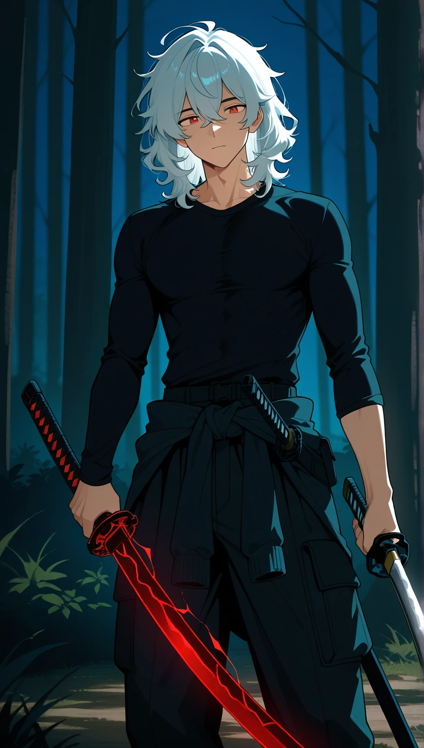 menino, Male cartoon character, male face, foco solo , long waist band, Wide black cargo pants, Estrutura do male body, Boy's clothes, , , male body, a white band around the waist, short silver hair, unkempt hair, medium hair, male wavy hair, Masculino, perfect face, perfect face, magro, sozinho, black men's clothing , long sleeve plain t-shirt, Bicolo's Red Eyes, , perfect eyes, men's clothing , forest scenery, tilting her head, armor holding katana, wielding sword, left arm , Huge giant dark katana in your very high hand, using dark katana magic., Cute facial expression .