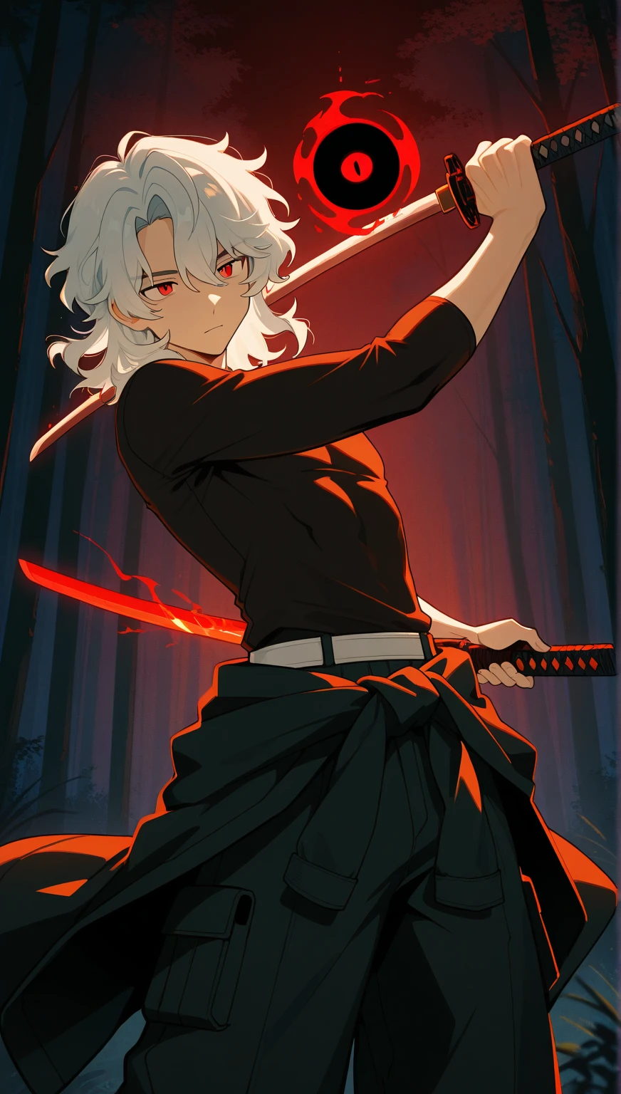 menino, Male cartoon character, male face, foco solo , long waist band, Wide black cargo pants, Estrutura do male body, Boy's clothes, , , male body, a white band around the waist, short silver hair, unkempt hair, medium hair, male wavy hair, Masculino, perfect face, perfect face, magro, sozinho, black men's clothing , long sleeve plain t-shirt, Bicolo's Red Eyes, , perfect eyes, men's clothing , forest scenery, tilting her head, armor holding katana, wielding sword, left arm , Huge giant dark katana in your very high hand, using dark katana magic., Cute facial expression .