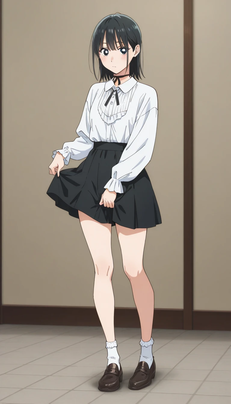 (black skirt:1.5), (anime:1.5), (official art:1.5), (lift up one's skirt:1.5), (expose one's white cotton panties:1.5), (white background:1.0), (best quality:2.0), (masterpiece:1.0), (full body:1.0), (solo:1.0), (a yo cute girl:1.2), (long skirt:1.1), (dark blue skirt:1.0), (pleated skirt:1.0), (school uniform beige blazer:1.0), (dark blue necktie:1.0), (black socks:1.0), (loafers:1.0), (ideal ratio body proportions:1.1), (lanky:1.1), (tall:1.1), (slender:1.1), (small breasts:1.1), (smaller face:1.1), (tareme:1.2), (detailed beautiful eyes:1.2), (detailed beautiful face:1.2), (glowing black eyes:1.0), (bob cut hair:1.0), (black hair:1.0)