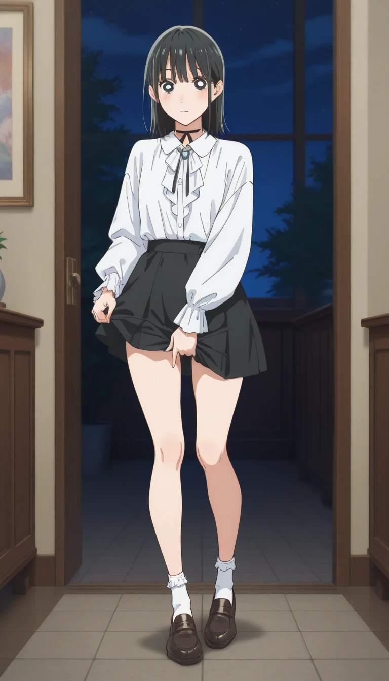 masterpiece, tokisaki_kurumi, 1girl, solo, short shirt, short skirt, lift skirt to see underwear, lift her shirt to show bra