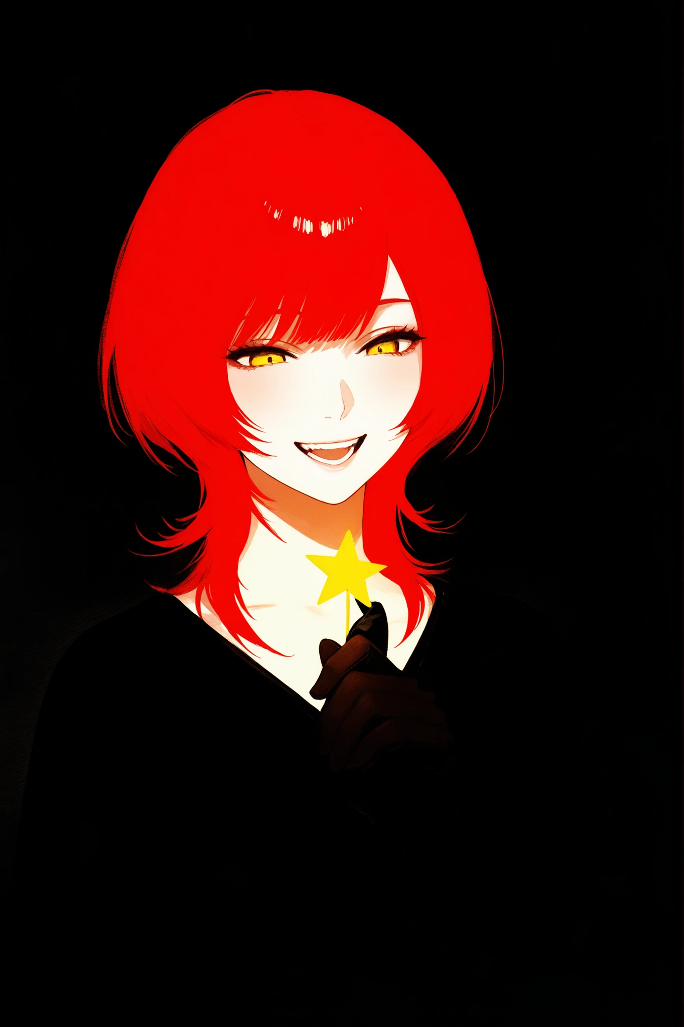 Laughing with a star in his hand, pretty, Boise , Sister, dress, red hair, smiley face, yellow eyes, short cut, wolf cut, girl 1, Detailed portrait , masterpiece, Premium, 잘 생기고 pretty여자의 매우 상세한 애니메이션 스타일 일러스트, cinematic lighting , sharp shadows, high contrast, SMOOTH SKIN, Detailed costumes , masterpiece, one woman, cool feeling , watercolor, 8K, soft coloring ,Detailed hand description, Beautiful realistic hands, I'm a woman ,bangs, with no contrast, Delicate touch, Beauty, no contrast, very fine description, internal semen collector, reply, oil painting