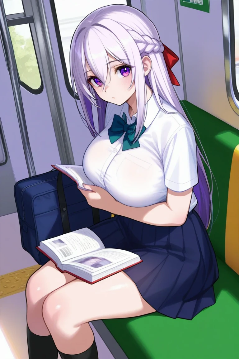 ,{{{{best quality}}}},{{{{ultra-detailed}}}},{{{{high resolution}}}},{{{{shiny skin}}}},{{{{perfect anatomy}}}},Curvy,ample bosom,clothes,tidy,Ephemeral expression,white long hair,hair between eyes,french braid,amethyst eyes,school uniform,reading a book on a subway platform,knee socks