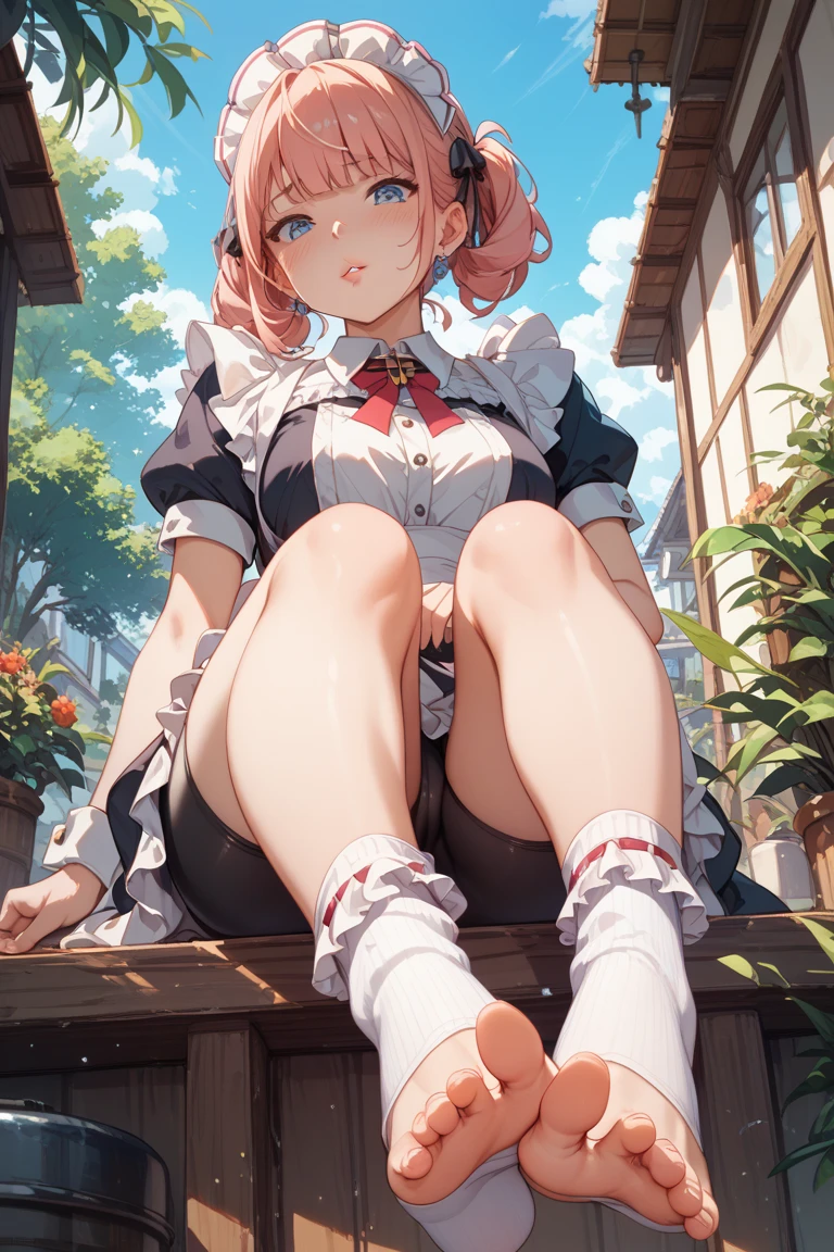 A Female robot is sleeping in forest, spread legs, nude, banzai pose. she wears no dress. She Brown short hair is tied with two big red clothespins, She lifts up the under hem of her white plain dress, leaning over, masterpiece, very short pigtails,brown hair, mature, android, blue eyes, full body figure, Height: 160cm, flushed cheeks, 2020s anime picture, A beautiful robot with short brown hair in two short pigtails held up by two very large huge red clothespins, Uplifting, No NSFW, whole body, barefoot, archaic smile, getting orgasm, 25 years old, sweat bucket. 