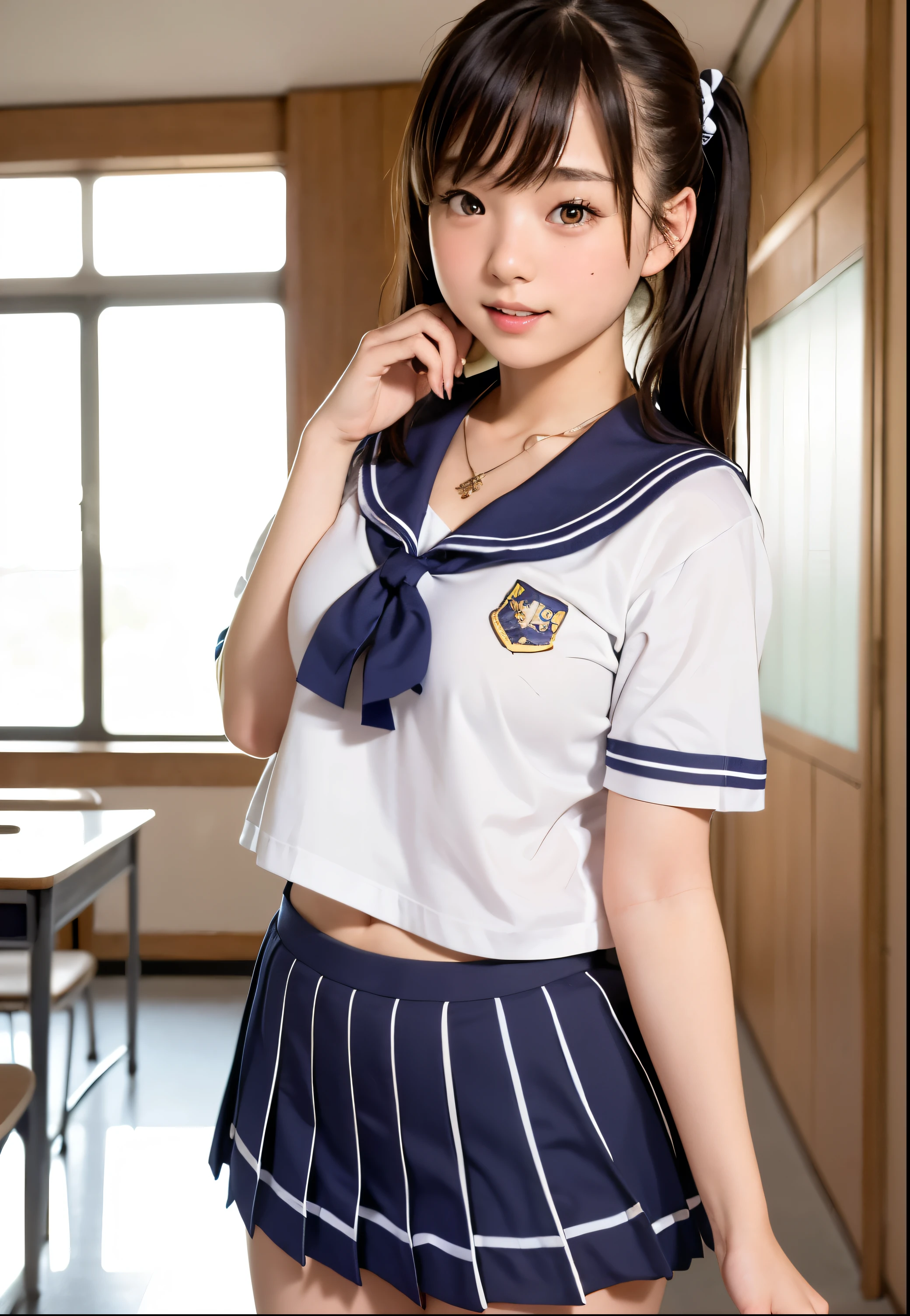 (ung girl), kawaii, (highly detailed Beautiful face), Amazing face and eyes, (Best Quality:1.4), (Ultra-detailed), (extremely detailed CG unified 8k wallpaper), Highly detailed, High-definition raw color photos, Professional Photography, Realistic portrait, twintails, (hi-school uniform, pleated mini skirt:1.3), (hi-school uniform with wide open bre2), Sitting, (open your legs), cameltoe, depth of fields, School, classroom, (fine face:1.2),