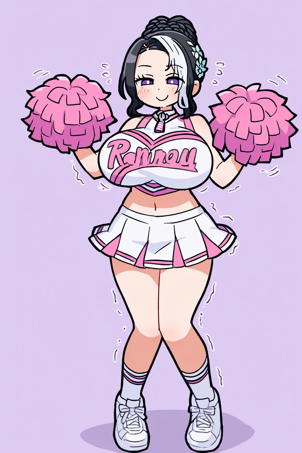 score_9, score_8_up, score_8,laliberte,1girl, full body, standing, from below, brown eyes, parted lips, forced smile, black hair, high ponytail, tanned skin, muscular, large breasts, nipples, defined abs, curvy, white crop top, glitter, {{user}}'s name text, micro pleated skirt, thigh highs, sneakers, pom-poms, gym, warm lighting, sweat, (mature female:1.3), (milf),athletic pose, nsfw