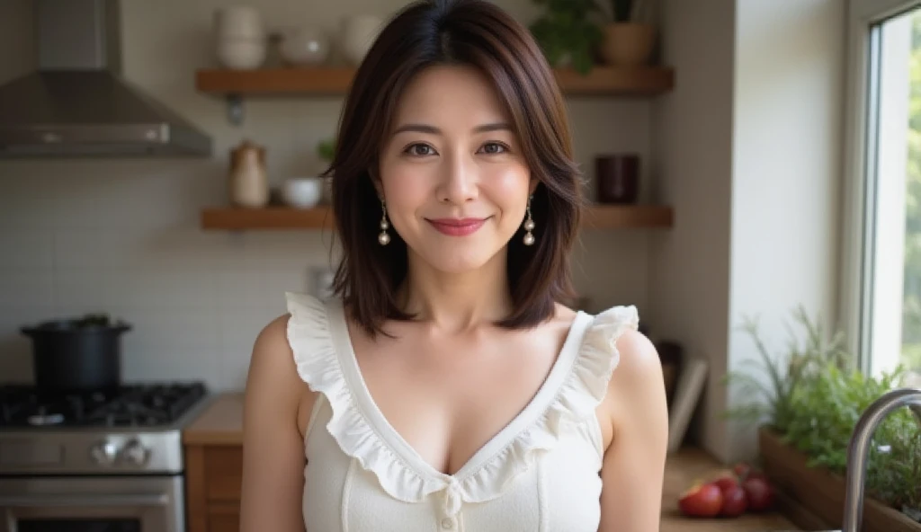 8k wallpaper, masterpiece, Highest quality, Very detailed, One Mature Woman, 50 years old, Become very clear, Wearing a spring-like shirt, Skin dents, Captivating smile, Looking at the audience, Cleavage, Plump, Curvaceous, Attractive face, Smiling with teeth showing, I was happy, sitting in a cafe, Background Blur