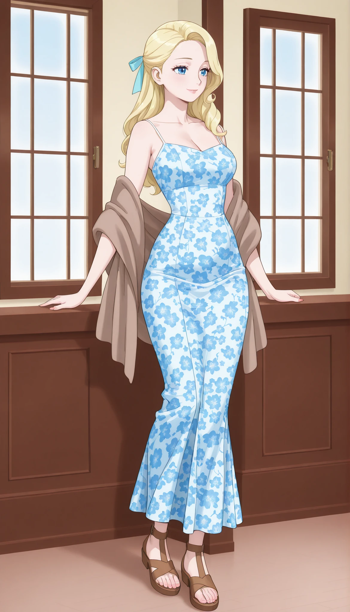 A mature beautiful woman with blond hair, extremely fair white natural skin, big blue-hazel eyes, red plump glossy lips, a small waist, and a perfect slim yet curvy body. She's only wearing a revealing mini short blue floral dress with spaghetti straps, a long brown shawl draped over the dress, a hair ribbon on the side, and brown sandals. She's standing, looking out of the window, soft smile, and is in a cozy wooden cottage living room. Show her full body and super hyper-detailed.