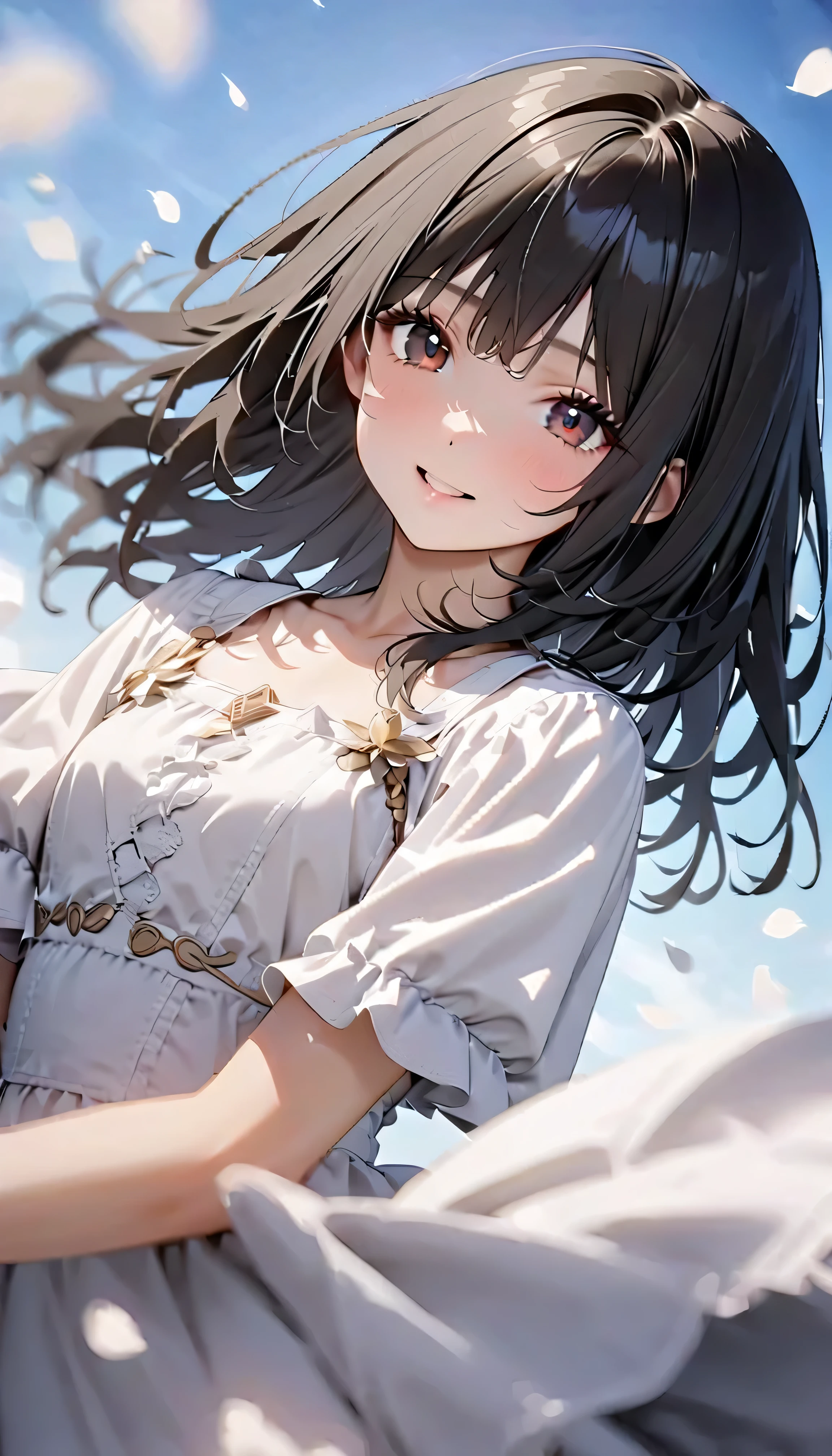 1girl, yellow knitted pyjamas, off the shoulder, flower meadow, bottomless, pantless, windy, cute smile, black hair
