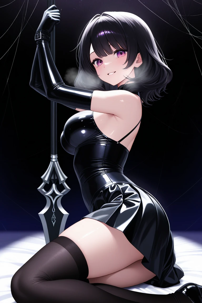27-year-old beautiful girl, masterpiece, best quality, 8K Animation, Black eyes,((Black eyes)),Detailed fingers, Precise fingers,((((Black crystal headpiece)))), ((((Black crystal headpiece)))),(((Black high ponytail))),(Black hair), Implications, 1 girl, solo, black bob cut, ((((Black crystal headpiece)))), (Black crystal headpiece)((Red armband)),((A huge, delicate red neck ring),(Red leg ring),(((Black high-cut off-shoulder bodysuit))),(((Black high-cut off-the-shoulder bodysuit))),(((Black high-cut off-the-shoulder bodysuit))) , (((Purple lace))), (Purple Lace Miniskirt),(Black high-heeled boots),(Black high-heeled boots),((Big purple heart tattoo on chest)),((Big purple heart tattoo on chest)),((Big purple heart tattoo on chest)),Plump body,Deep starry sky,((Big purple heart tattoo on chest)),Big breasts,Big breasts,Big breasts,magic ,((Red ring tattoo on arm)),((Red ring tattoo on arm)),Buttons open on chest,Black finger cover,Black finger cover,Black finger covengers open,Black high neck,(((Holding a red glowing whip))),Set with gold trim,There is a magic array under your feet,(High Leg Raise),High Leg Raise,Holding a red glowing whip,(((Holding a red glowing whip))),Holding a red glowing whip,Siamese black silk,Purple heart tattoo,Body