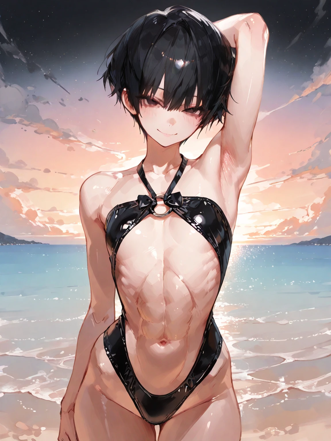 ((((flat chest)))),"(perfect masterpiece:1.2), (highest quality:1.2), stunning face, mature and chubby, compensate, long and luxurious eyelashes, lip whole, irresistible charisma.",(((micro bikini ))),(((very short hair))),raised his arms,(((hair between eyes ))),hairclip ,beach ,abs