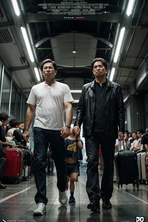 A handsome 35 year old Indonesian mafia boss is walking with his handsome 3 year old boy, wearing a shiny black leather jacket, Undercut hair is combed neatly, background of a group of mafia people, real photo, clear photo, professional photo, full HD, 4k