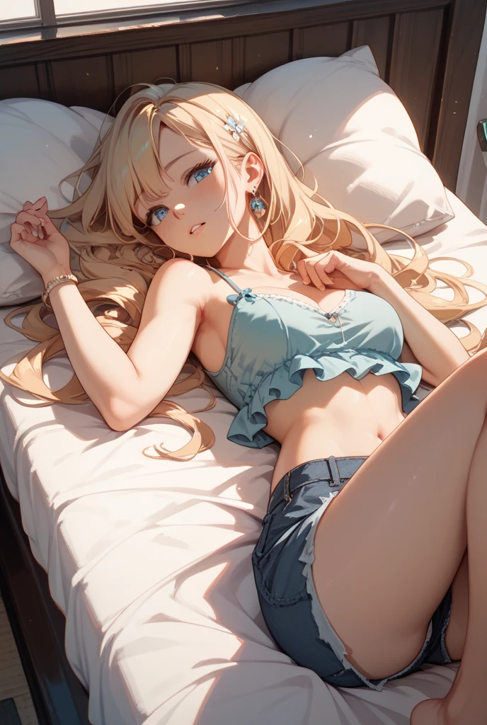 M-shaped legs、Blonde、Side Ponytail、Blue underwear、Pale blue eyes、Blushing、Bedroom、On the bed、Random pose、Looks like she's about to cum、Glamorous expression、Blushing、Blue underwear、Cute underwear、Undressing、、Bedroom、On the bed、M-shaped legs、Random pose,パンツを見せるBlonde、Side Ponytail、、Pale blue eyes、night、night、Not wearing a bra、、Blushing、lipstick、Perfect hands、Detailed hands、Bedroom、On the bed、hand bra
