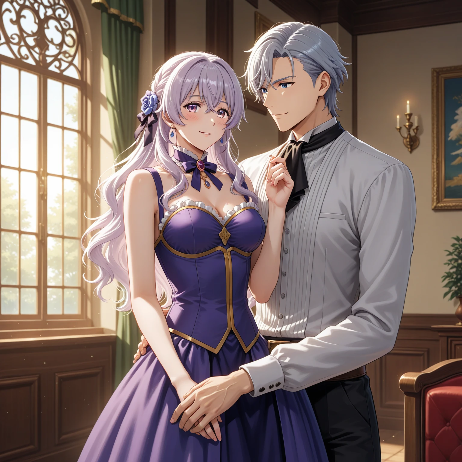 ((Highest quality)), ((masterpiece)), (detailed), (Perfect Face)、The woman is Lacus Clyne with semi-long pink hair.、In a luxurious church wedding hall, a woman is holding onto the arm of a dignified, sturdy, middle-aged, luxuriously dressed old evil emperor during her wedding ceremony.、The woman has medium-long hair
