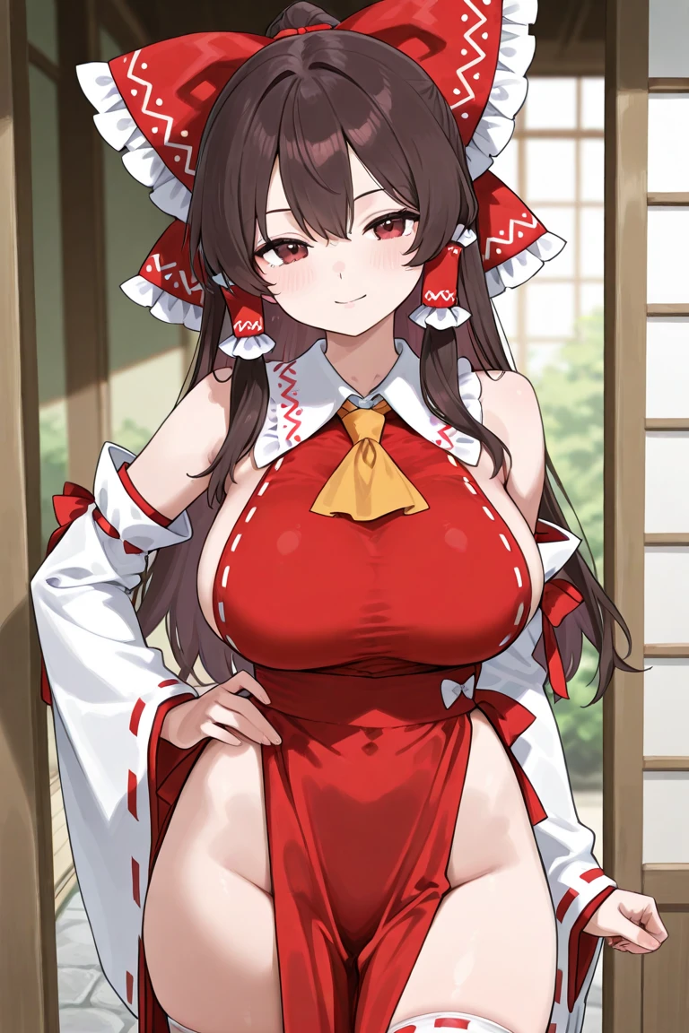 nsfw, (wearing nothing: 1.5), large breasts., 1 girl,, cooking, empty eyes ,, , ahoge, brown hair, , street, shrine, sea, long hair, hair bow, sea, nipple , wet