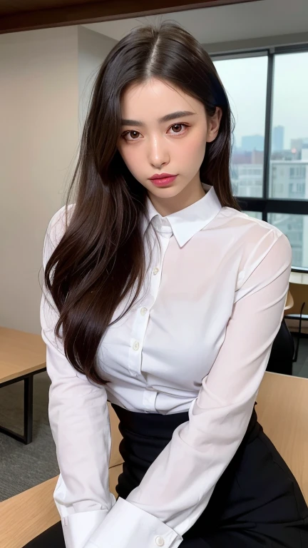 (masterpiece:1.2), (best quality:1.2),realistic, photorealistic,HDR,UHD,8K,Highly detailed,8k,cinematic_lighting,reality_ray_tracing,1girl,long hair, black hair, medium breasts, collared shirt,pencil skirt, black pantyhose, legs,potted plant,sitting, office chair,office, looking at viewer, <lora:zzmv:0.8>