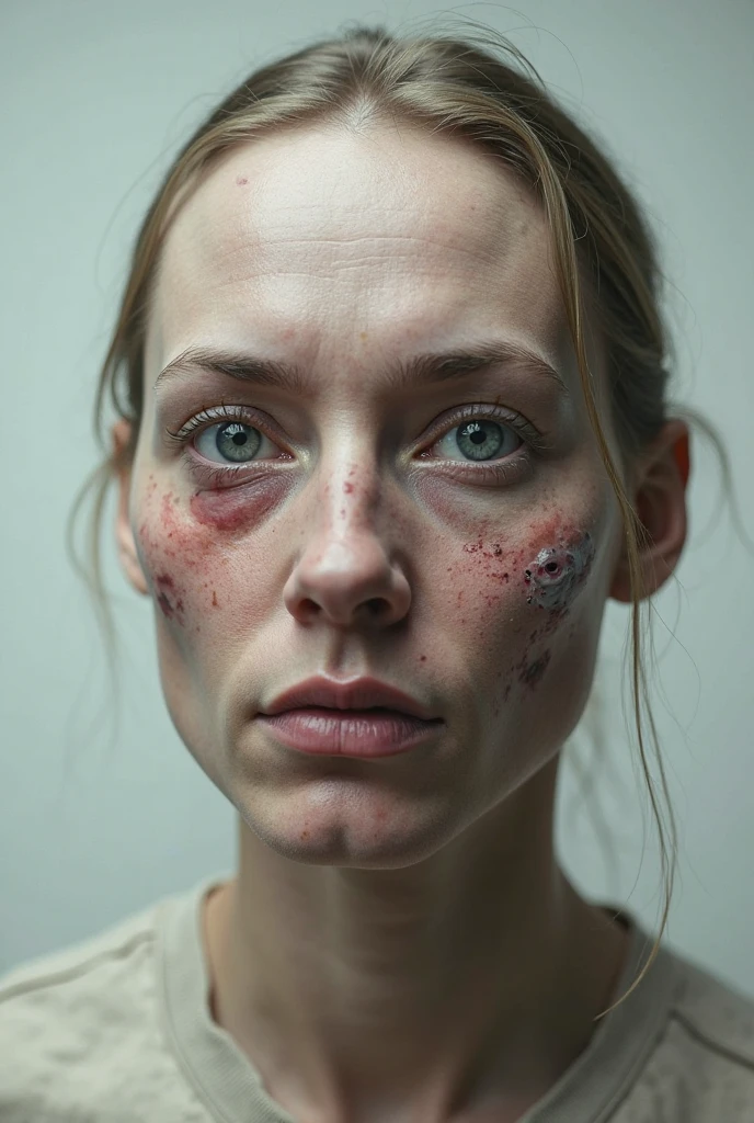  18 year old drug addict whore, naked, many bruises, bruised, bruises, focus on face