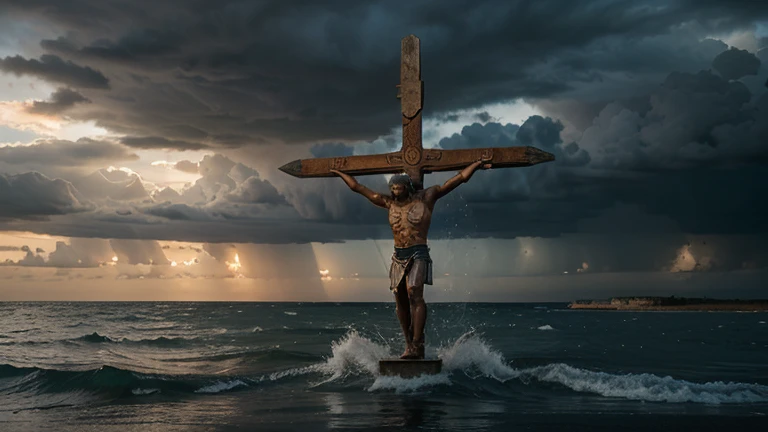 Jesus Christ on the cross in a fierce storm
