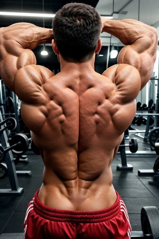 (one or two bodybuilders:1.4), (back view:1.4), (tank top:1.4), (at gym:1.4), 40's, Japanese man, manly face, fat face, (round face:1.4), (monolid eyes:1.2), (buzz cut:1.4), very large and strong body, bulky body, beefy muscles, (bulging muscles:1.4), (very large pectoral muscles:1.4), (muscular arms:1.4), muscular abs, muscular legs, muscular back, brightens oily skin, master piece, (realistic:1.4), panorama, distant view