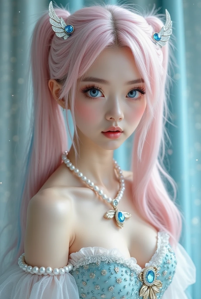 light blue and pink color scheme,sexy girl nipples,,,white curly hair