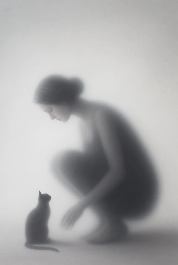 a girl with cat, Ink style painting, Ink Style Figure, warm atmosphere, minimalism, monochrome, Grayscale, clear lines, (best quality, masterpiece, Representative work, official art, Professional, Ultra high detail, 8k)