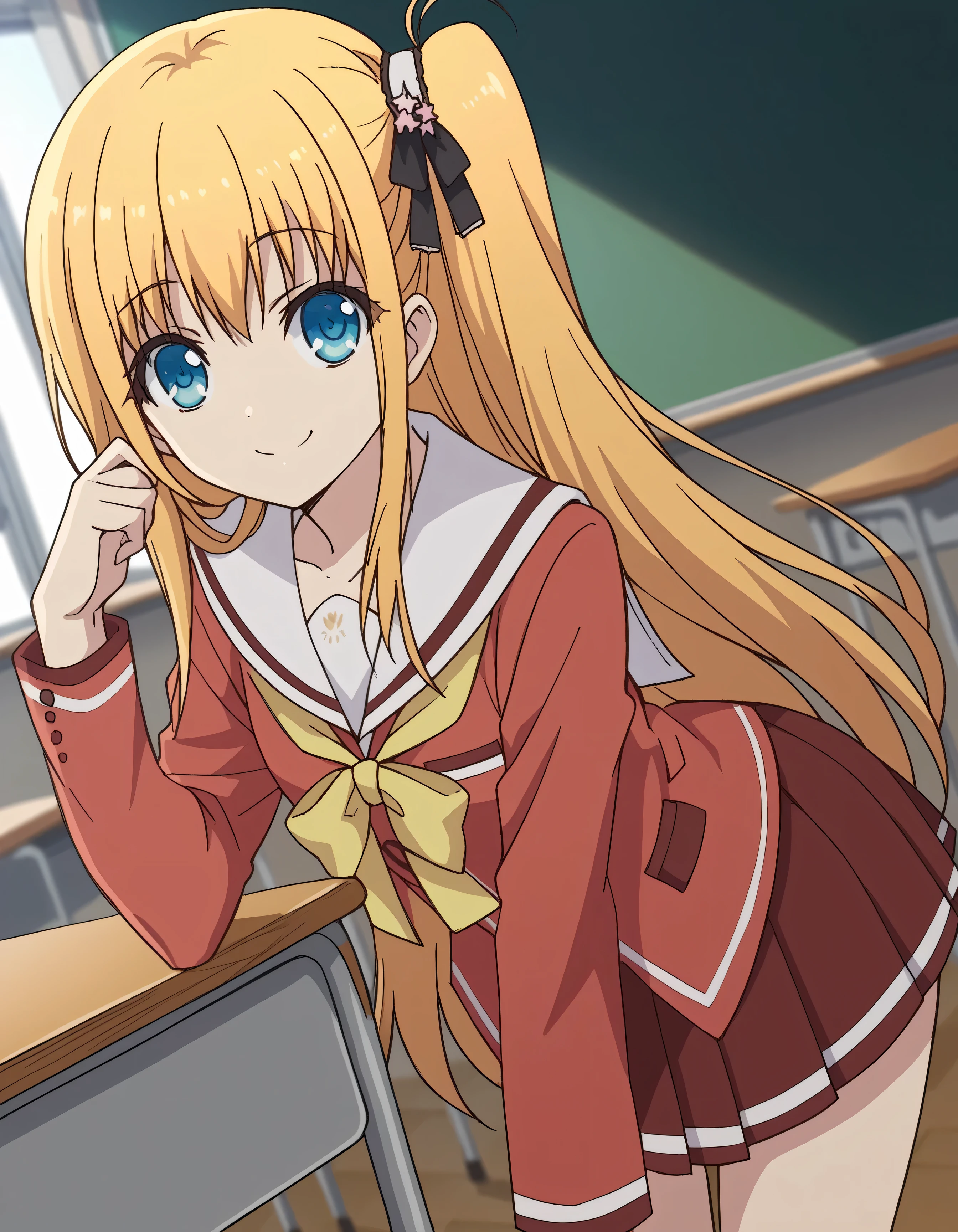 score_9, score_8_up, score_7_up, source_anime,
yusakurobane,
yusa kurobane, long hair, blue eyes, blonde hair, hair ornament, ribbon, hair ribbon, one side up, side ponytail,
school uniform, serafuku, long sleeves, red blazer, red skirt, pleated skirt, white sailor collar,
indoors, classroom, bent over, smile,
looking at viewer, cowboy shot, solo, dutch angle,