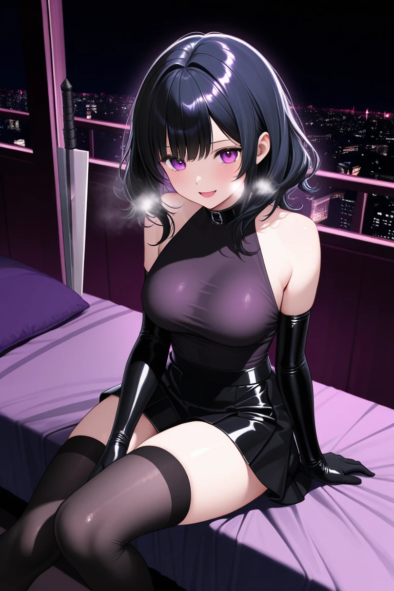 sexy female version of Sung Jin Woo, transparent clothes, female version of Solo Leveling, transparent black clothes, high quality, ultra-detailed, photorealistic, dark fantasy style, vibrant colors, dramatic lighting, full body, nude, exhibitionism, naughty on her knees, teasing , displaying, black hair, purple aura