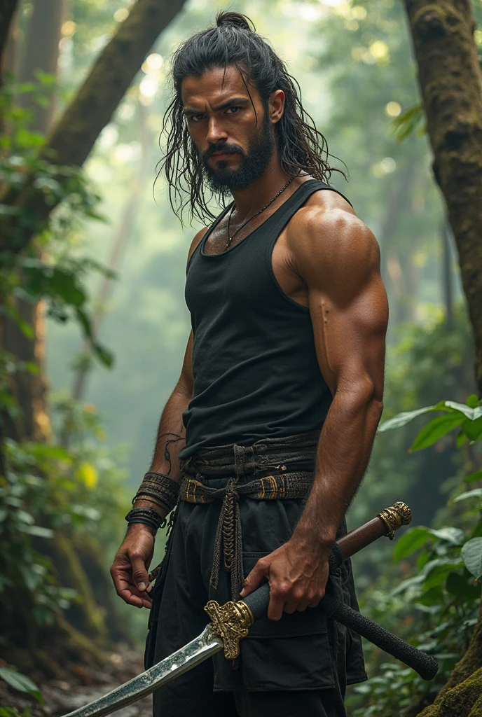 Shirtless muscular man weighing about 120 kilos in muscle mass and height of 1,75 meters tall black hair blue eyes white skin without beard and mustache in samurai style battle pose with a katana in his right hand 