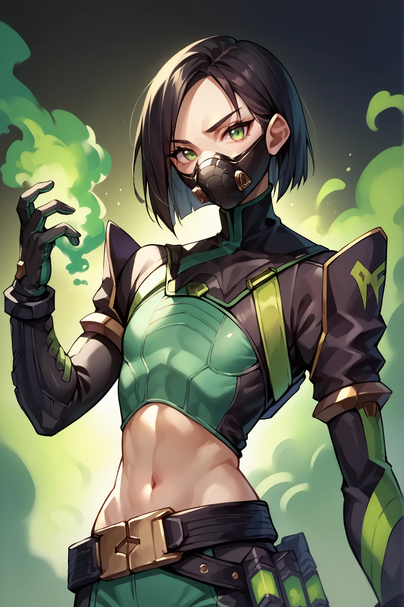 score_9, score_8_up, score_7_up, score_6_up, source_anime, BREAK 1girl, solo, valVipr, bob cut, green eyes, green and black bodysuit, anorexic body, skinny body, tiny waist, bare midriff, pale, flat chest, black gloves, belt, thigh boots, looking at you, upper body, green smoke, black background, mask, black respirator