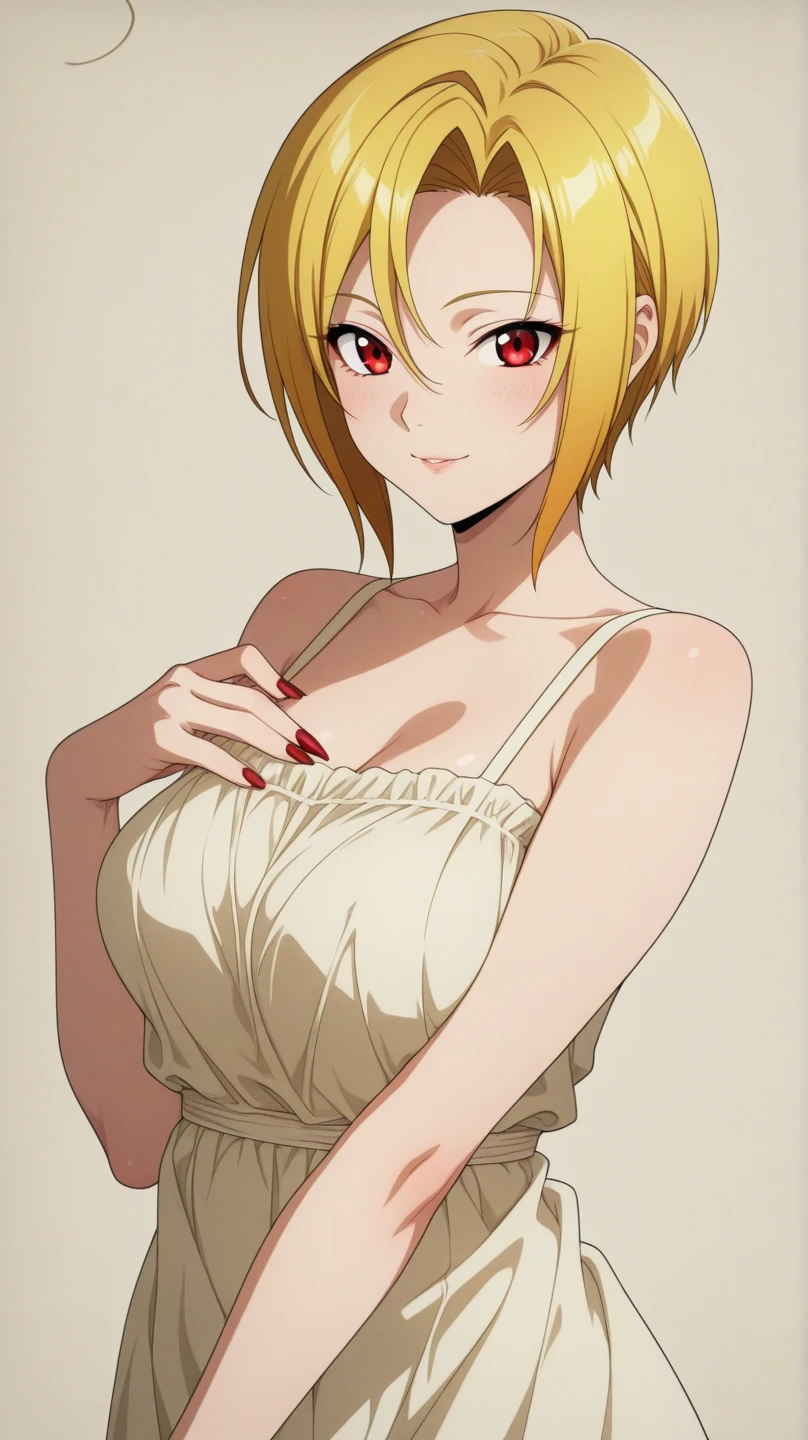 1girl, solo, highly detailed eyes, intricate details, brown eyes, blonde hair, looking at viewer, upper body, furry, animal ears, red dress, looking at viewer, closed mouth, seductive smile, muscular female,