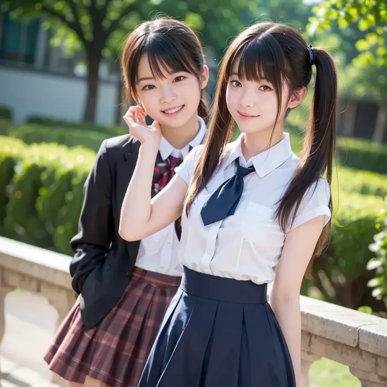 2 girls hopping in school pink flower field,break,white shirt with red plaid sailor collar,red plaid pleated micro mini-skirt,break,white panties,white over-the-knee socks,18-year-old,bangs,a little smile,thighs,knees,short hair and low pigtails with barrette,from below,front light