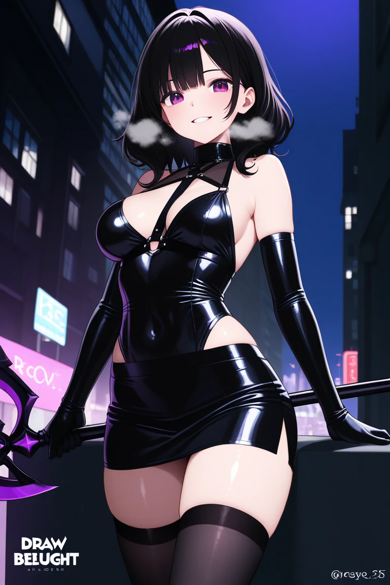 Female, Black Hair, Messy Hair, Mullet,Bangs, Breasts, Purple Eyes, Sanpaku, eyeliner, beauty marks, panther ears, panther tail, curvy, thick thighs, black nail polish, High Resolution, Anatomically Correct, Accurate, Best Quality, HD, Solo, 