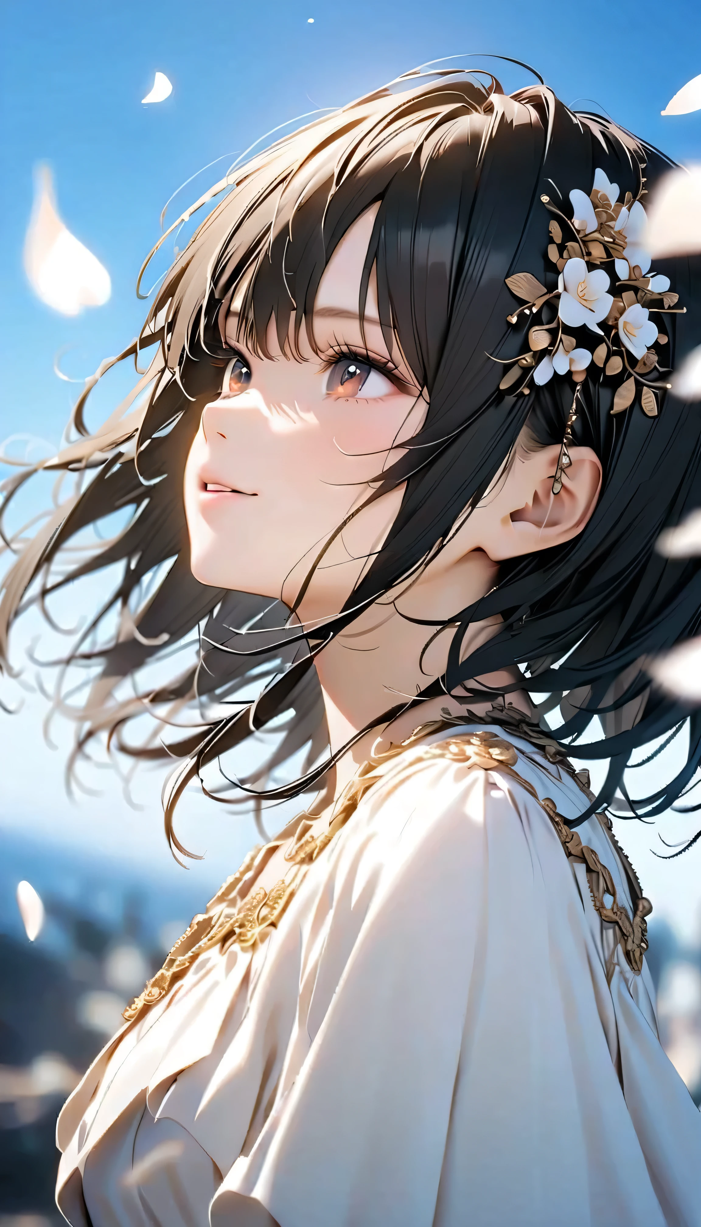 (Highest Quality:1.2, 非常にdetailsな, newest, Highest Quality, Best Aesthetics), 8K Ultra HD, 非常にdetailsな, details, bold configuration, (perfect human structure), beautiful and very delicate texture, (masterpiece:1.2, Highest Quality, Best Aesthetics, wind), (white petals dance:1.2, fantastic blue sky background:1.4), (shallow depth of field:2), windでwhite petals dance, delicate and dynamic, (Light reflection:1.2), (Halation of light:1.2), Romantic and sweet style, コンセプトアートwind, Blessed Virgin Mary white dress, bright light, Beautiful World, New World, accurate, dynamic angle, angel, 1 woman, upper body shot, black hair, , dark eyes, young, textured skin, shiny skin, charming smile, Girl Beauty , Miraculous Beauty Symbol, ((( white dress with lavish embellishments:1.2))), 2.5d, realistic