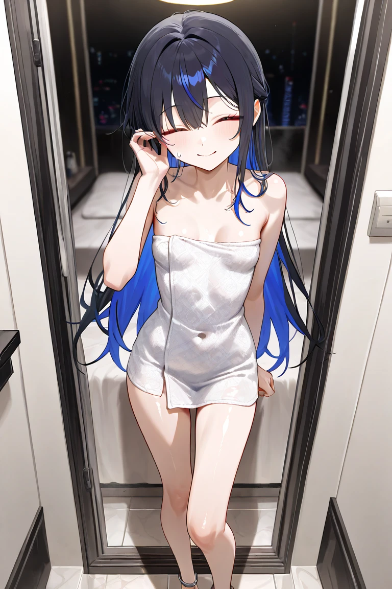 Cute as a dream、a pale、masterpiece、top-quality、top-quality、watercolor paiting(Curly)、official art、Beautifully Aesthetic:1.2)、(a beauty girl:1.3)、patterns、(、shoulder length darkblue hair, ((long hair)), colourful hair:1.2)、sparkles、colourfull、Hair spreads throughout、kawaii、pastell、Rainbows, (1 girl solo), pastel colors,, blue eyes,teenage girl,tired,bags under eyes,,Nude,Naked,no clothes,woman,toilet paper on body