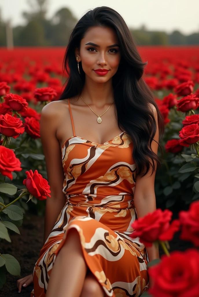 Whole body picture of a woman with a brown colored skin and a black hair wearing a red dress and a brown hat selling flowers on the side of the steets.  Realistic texture of the picture. Textured facial features and flowers