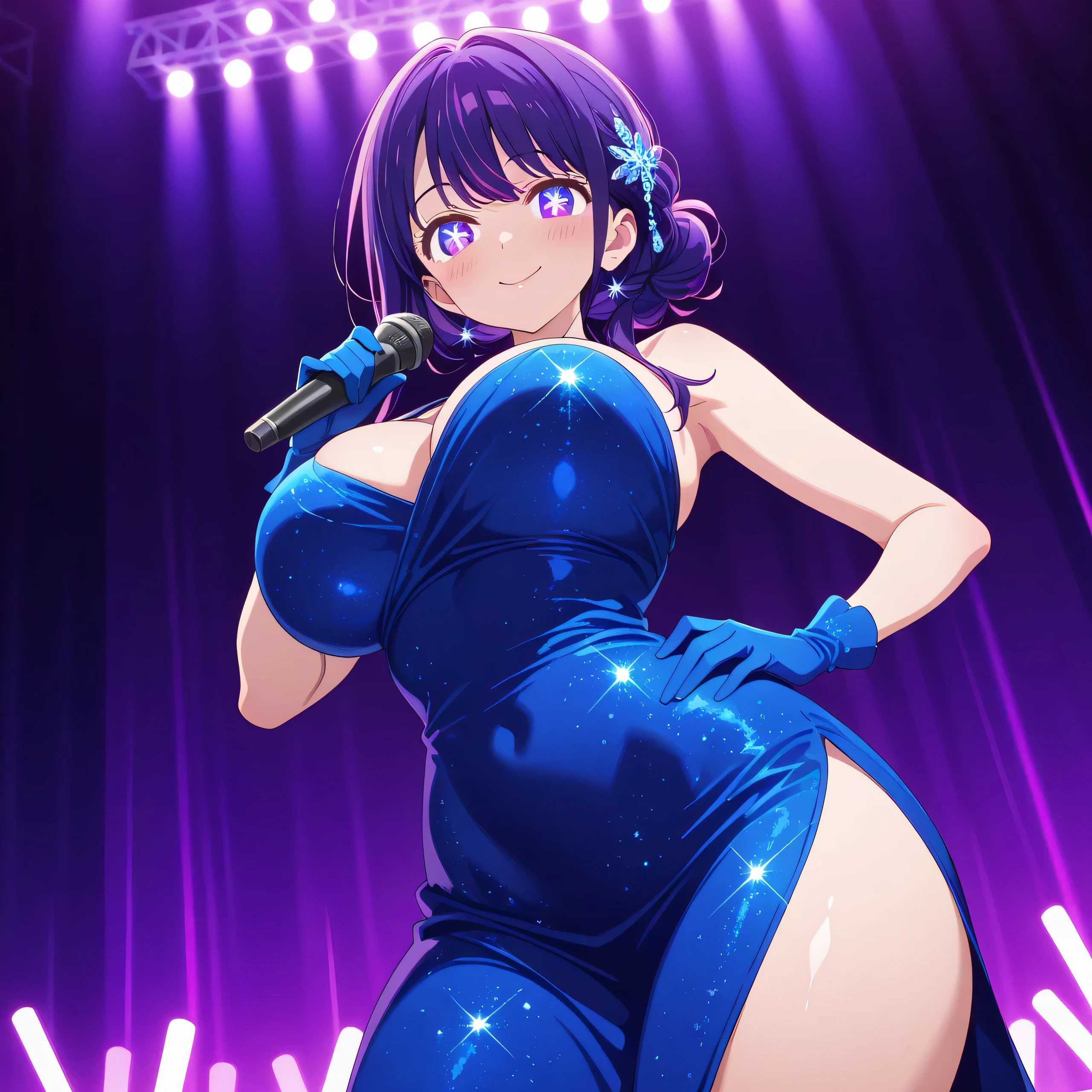 1girl, solo, Ai hoshino, bangs, purple hair, hair ornament, big breasts, narrow waist, wide hips, thick thighs, long blue evening dress, side slit, sparkly dress, long blue gloves, purple symbol-shaped pupils zsmile, cute, hand on hips, holding a microphone, standing, looking at viewer, night club background, from the front view