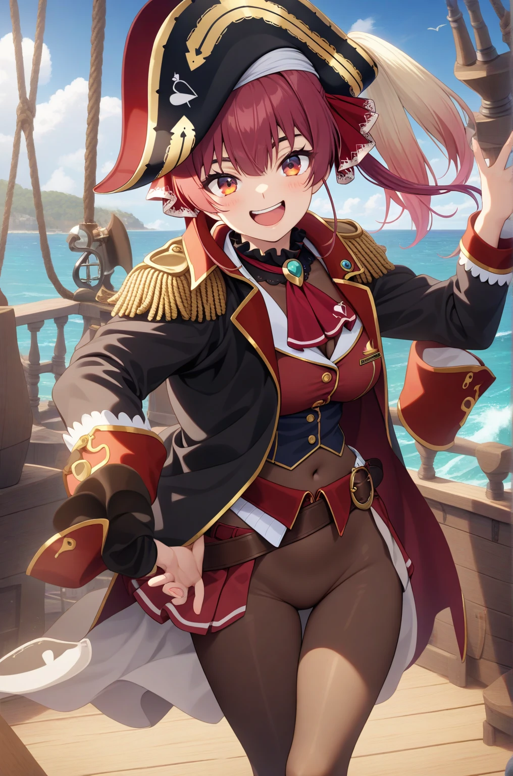 On the Sea、On the pirate ship、With a map in hand、Pointing to the ocean、A lively face、smile、Houshou Marine、Twin tails、pirate hat、Adult women