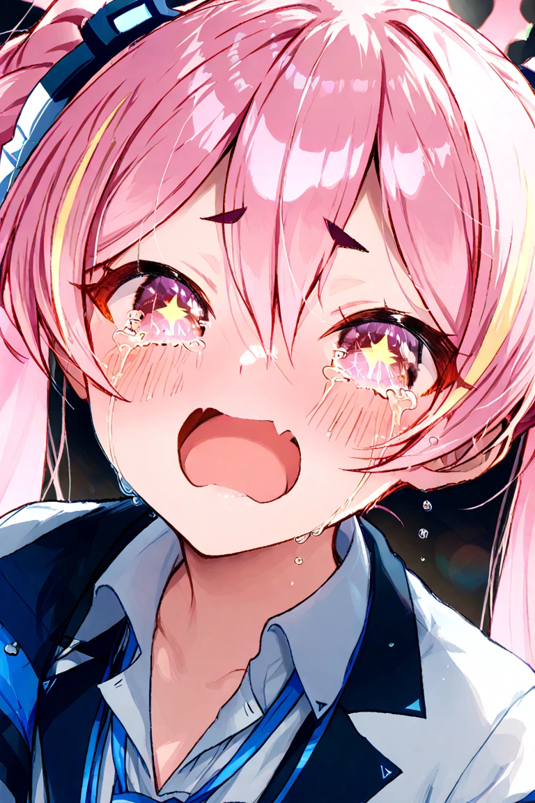 ((solo girl)),((Perfect body,))((Super beautiful,))((High quality,)), (sweaty,) (wet all over,)hairband,hair ribbon,hair intakes, pink hair, blue eyes, white blazer, classroom at sunset, after school, backlit,((Pleated skirts that are too short and expose underwear)),shiny glossy,Thigh-high socks,open mouth,tongue out,gigantic breast,pov, Looking at Viewer,,((face focus,face CloseUP)),kissing,incoming kiss,incoming hug,(half open eyes,)(clear face,)kissing face,kissing mouth and lips,Pressing lips,saliva trail,