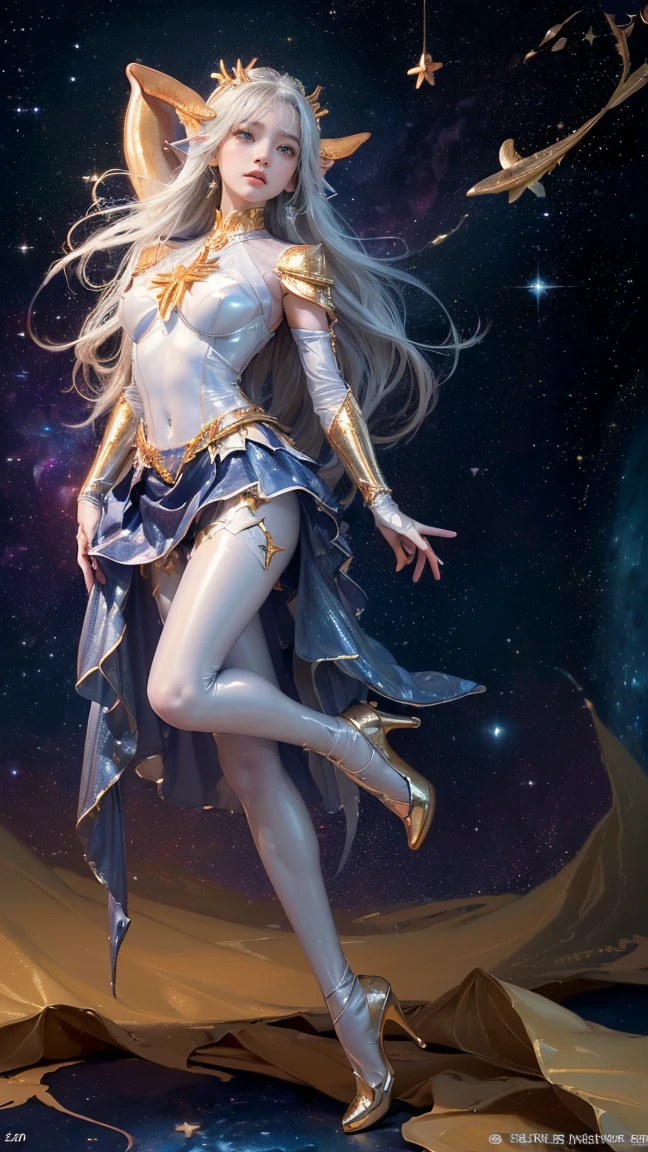 Absurd resolution, high resolution, (masterpiece: 1.4), super detailed, girl alone, from above, future, psychic powers, legend, universe, floating, blonde, petite, short hair, space-time, long boots, white and blue costume, elbow-to-elbow gloves, gentle smile, wind blowing