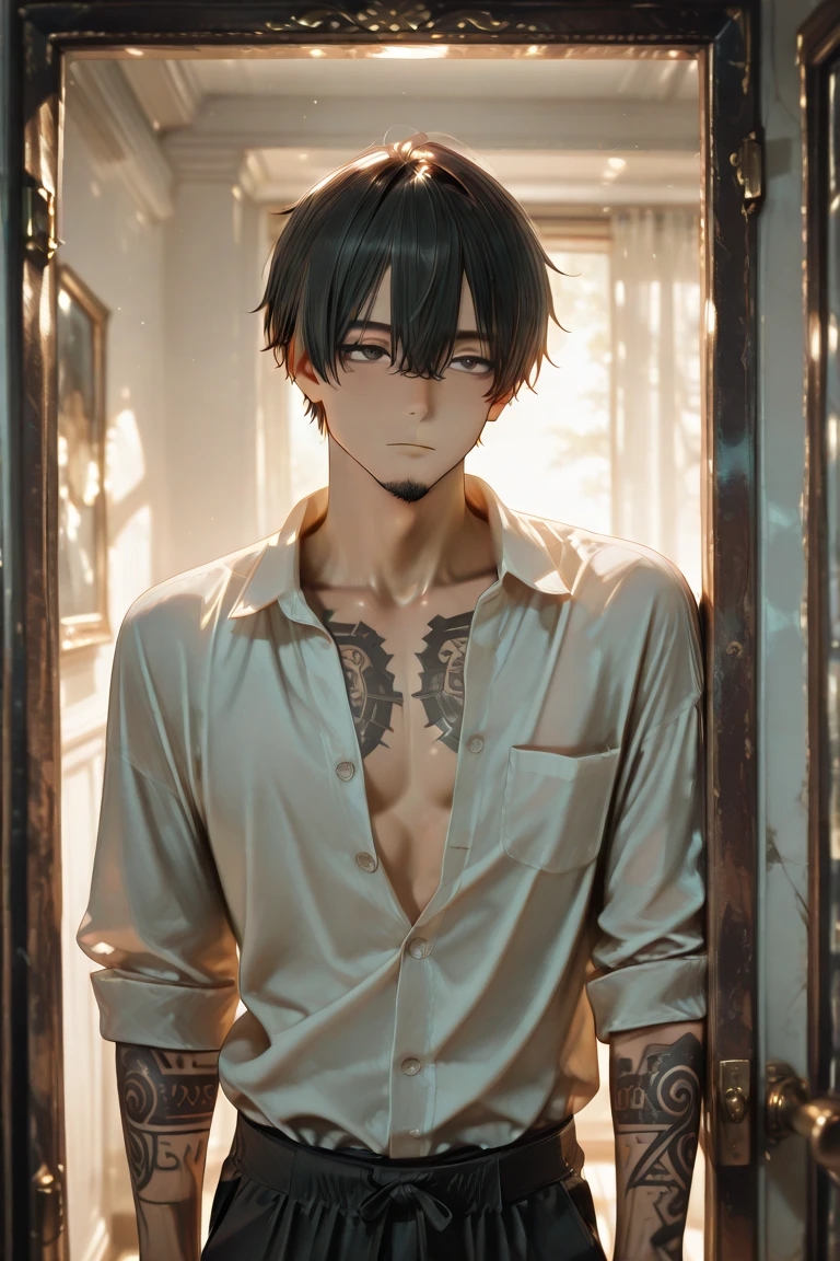 (masterpiece,best quality,ultra_detailed,highres,absurdres),1 mature male, 30-ish, (wide shoulder), ((no chest hair)), male focus, solo, short black Quiff hair with Soft Fringe (bangs part on side 3:7 ratio), simple background, blue eyes, upper body, short hair, looking at viewer, parted lips, round eyewear, wet hair, open black shirt, long sleeves, showing a bit of muscles, bedroom background.