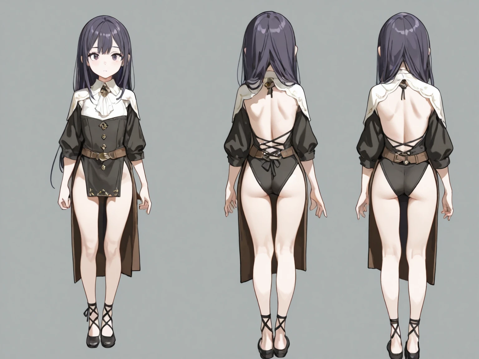 1girl, reference sheet, matching outfit, (fantasy character design, front angles, side angles, rear angles, solid white background) desert skin, sun-kissed skin with tribal markings, brown skin, arabic, cascading dark greenish ebony hair adorned with desert flowers, yellow eyes the color of rich desert sands. Lithe and supple, movements are a mesmerizing dancer, tribal women, enchantress, tattoos. Presence exudes enticing charm. 1lingerie set, character equip, Crotch Cameltoe, Sultry Lace-Trimmed Bra and Panties Set, Size: 1.4 (Breasts: C-cup), (Waist: Thin), (Hips: Wide), (Stature: Overall slender) (masterpiece:1.2), (best quality:1.3).