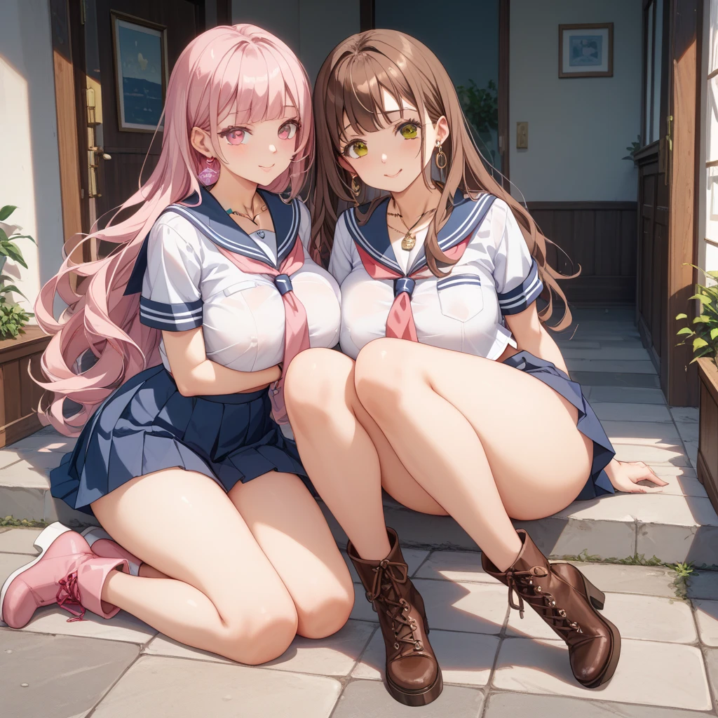 highest quality,masterpiece,((2 girls:1.5)),((smile:1.3)),(blush:1.3),((fun!!)),((Small breasts:1.5)),(night:1.5),Blonde, (Cardigan), ((naked:1.5)),Kamimei,look at me,((classroom)), Taking a break from watching the audience,Cowboy Shot,Light blue eyes,long hair,Glowing Eyes